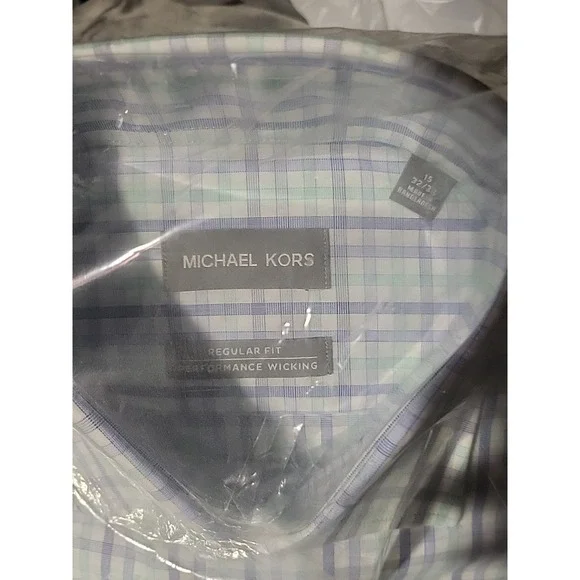 michael kors regular fit 15 32/33 m shirt pool blue plaid NEW performance wickin - Picture 4 of 9